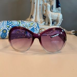 Vtg oversized sunglasses huge Purple peace plastic frames w case round cute